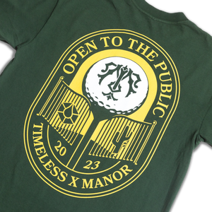 TIMELESS MANOR Open to the Public GREEN SHIRT